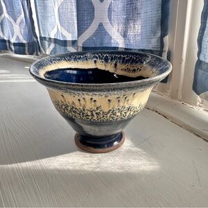 Handmade blue and white pottery pedestal bowl